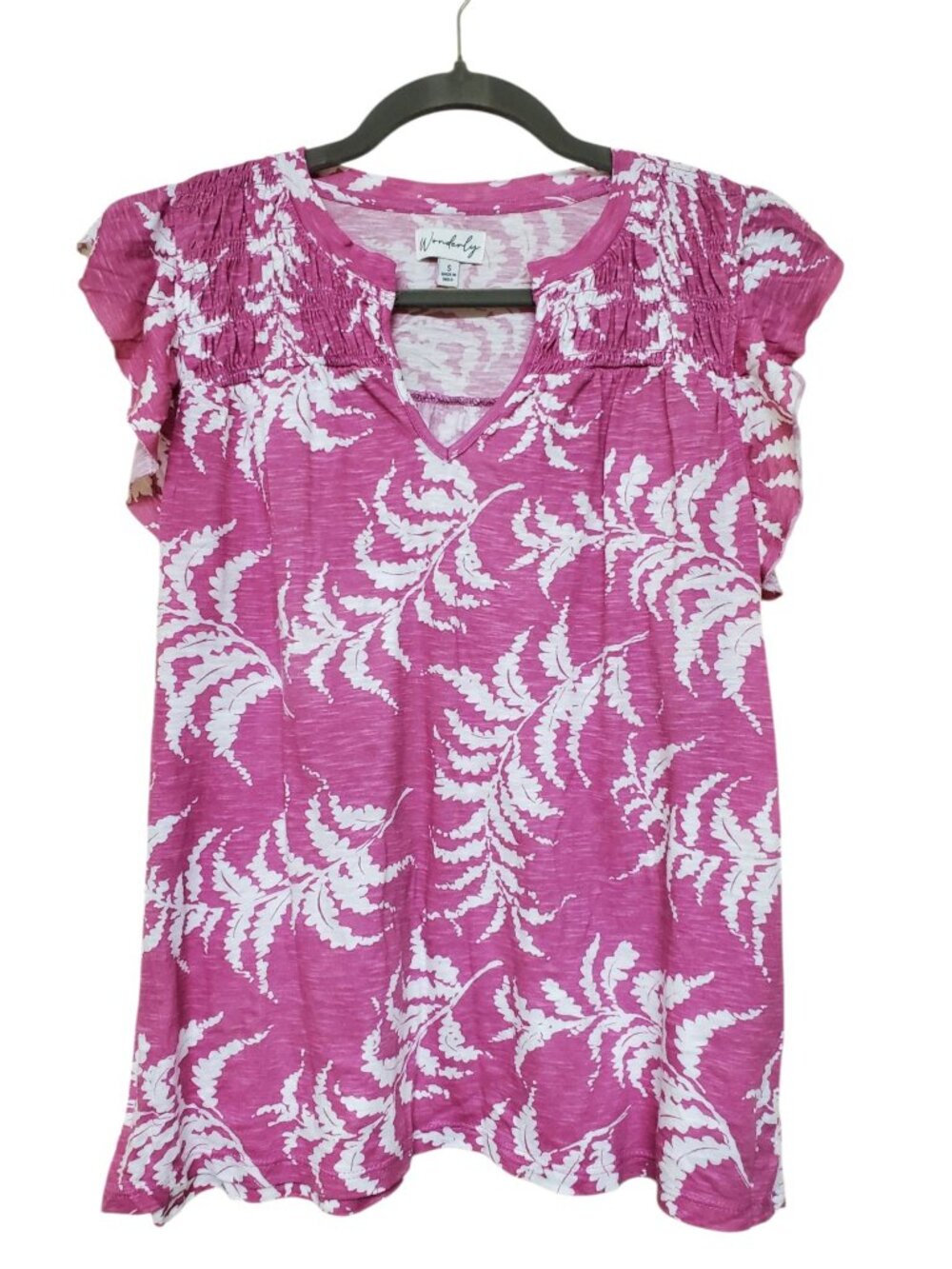 Wonderly Women's Fuchsia White Tropical Notched V-Neck Flutter Sleeve Top Size S